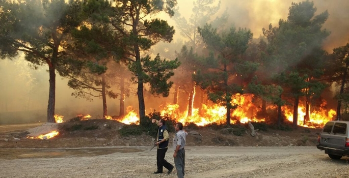 Mersin'in Gülnar ilçesinde kızılçam ormanında yangın çıktı.İlçeye bağlı Kocaşlı ile Büyükeceli mahalleleri arasındaki bölümde çıkan yangına ekiplerin müdahalesi sürüyor. (Yalçın Taşlıalan - Anadolu Ajansı)